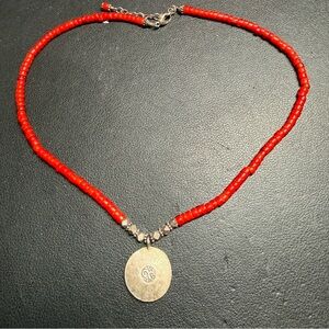 Vintage Sterling Silver Red Coral Beaded Necklace with Sterling Medallion 21 gr